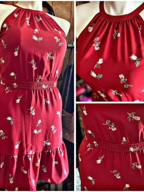 LOFT Red Floral Halter Midi Dress with Green Accents